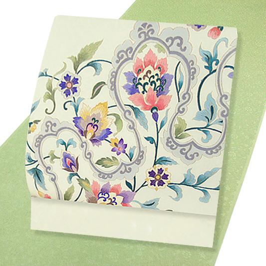 岡重 名古屋帯 駒塩瀬 九寸 金彩 クリーム色 オフホワイト 未仕立て品