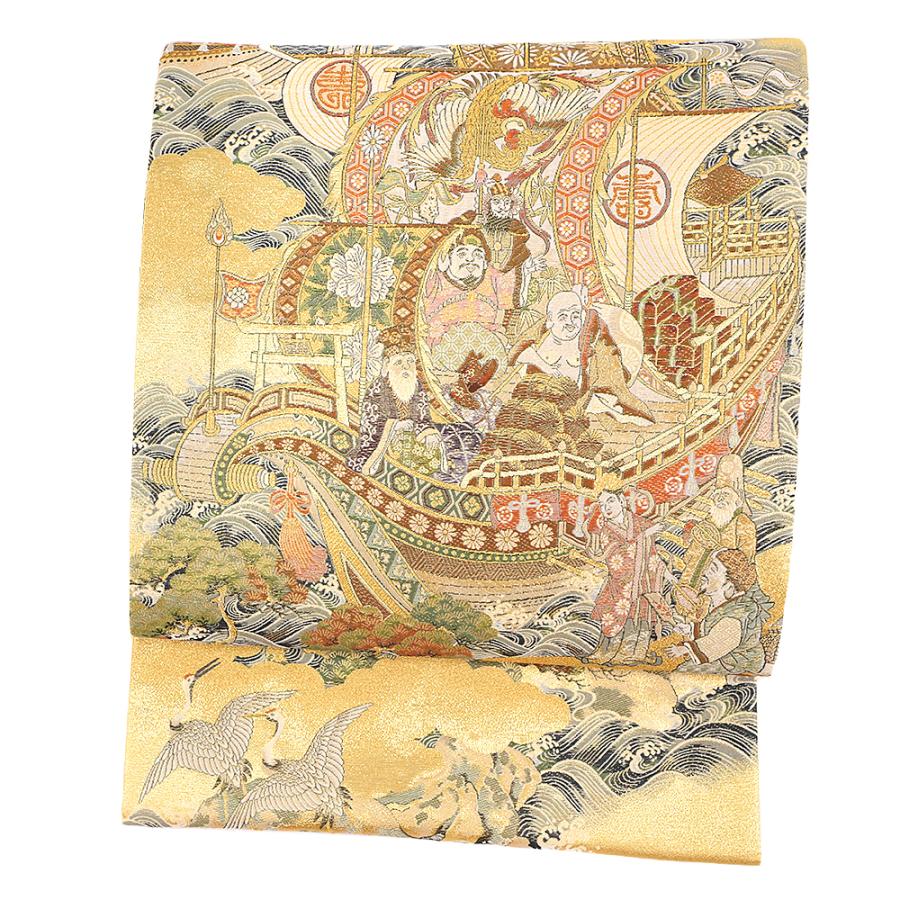 袋帯 唐織 正絹 橋本清織物 金地 壱阡八百口織 七福神 宝船 鶴 松 波