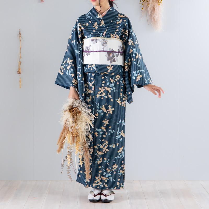 可愛い 上品 着物 洗える着物 単品 紺 北欧風 蔦柄 (全2サイズ) M