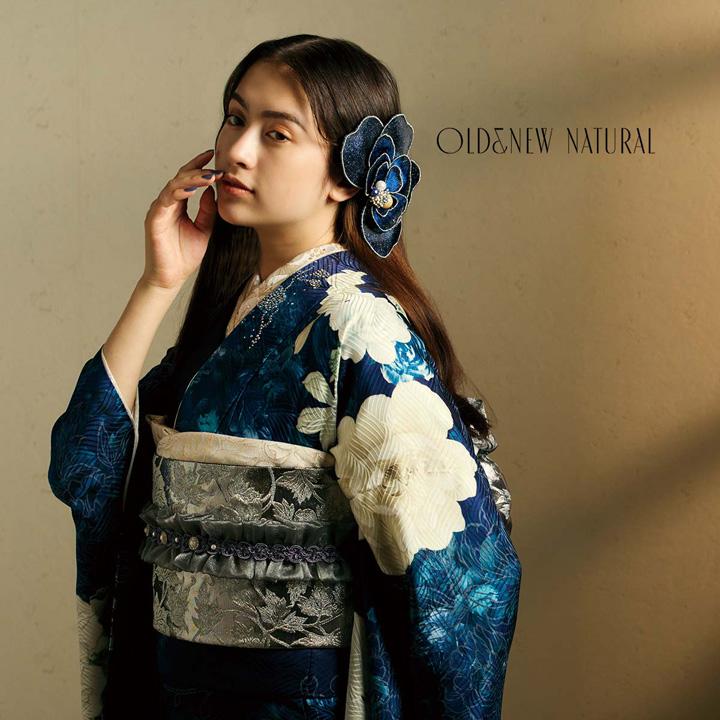 未仕立て 振袖 22点セット「OLD&NEW 振袖仮絵羽 牡丹ブーケ/紺」仮絵羽