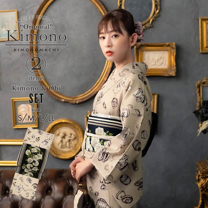 KIMONOMACHI 洗える着物 セット「袷着物：アフタヌーンティー ベージュ