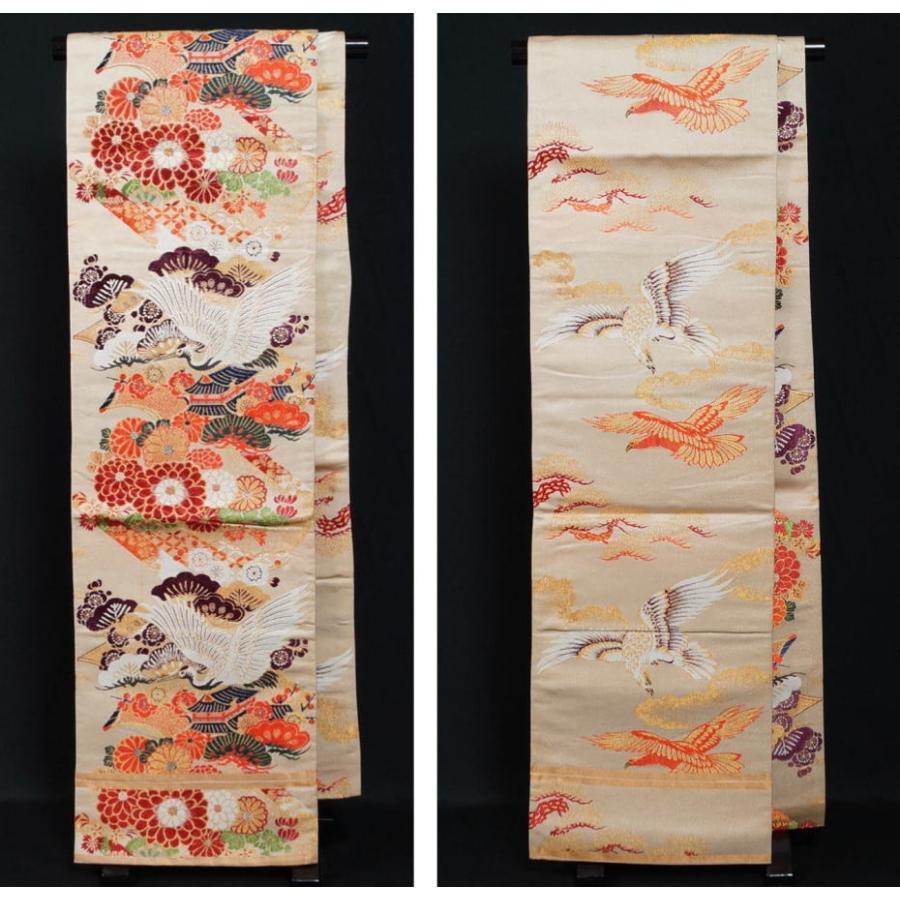 アンティーク 丸帯 全通リバーシブル 鶴・文庫×鷹・松 正絹 素材向き