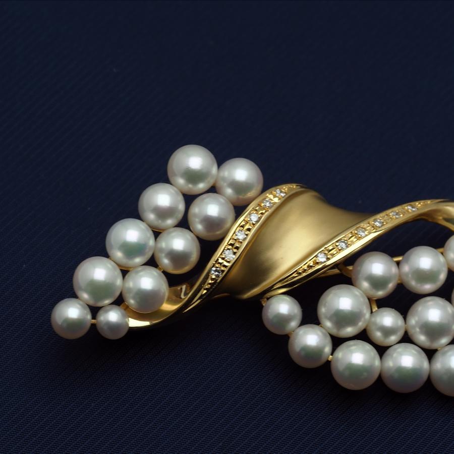 K18 アコヤ本真珠 ブローチ 天然ダイヤモンド付き あこやパール 18金