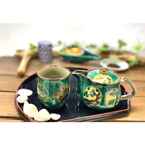 九谷焼 高級 陶磁器 急須2点セット 小 丸紋松竹梅緑塗り 裏絵(Kutani
