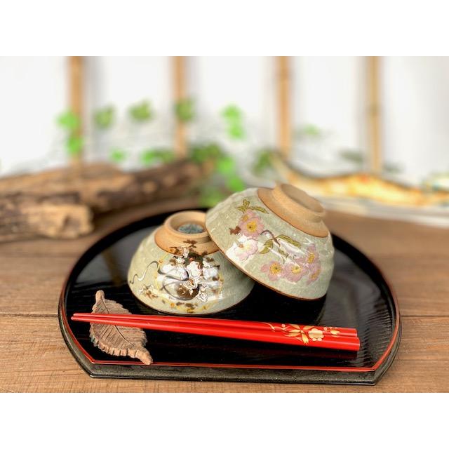 九谷焼 高級 陶磁器 ペア飯碗 風神雷神＆ソメイヨシノ 中裏絵 (Kutani