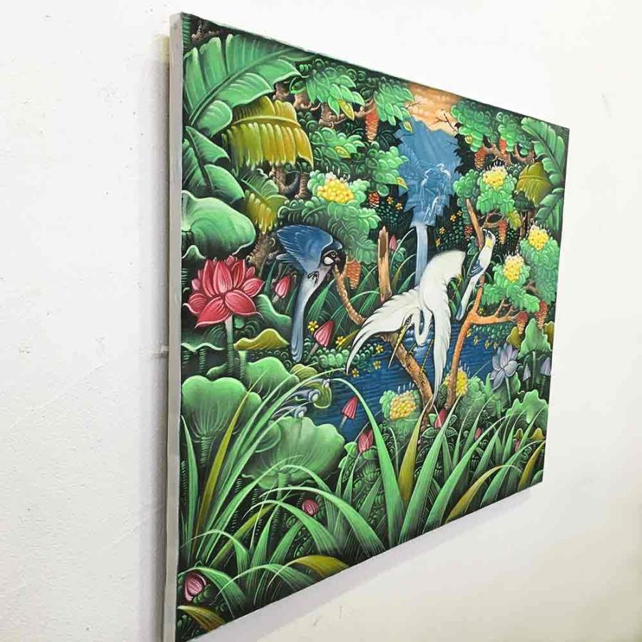 バリ絵画 鳥の絵 W80×H60cm 花鳥風月 絵画 アートパネル 緑 バリ雑貨