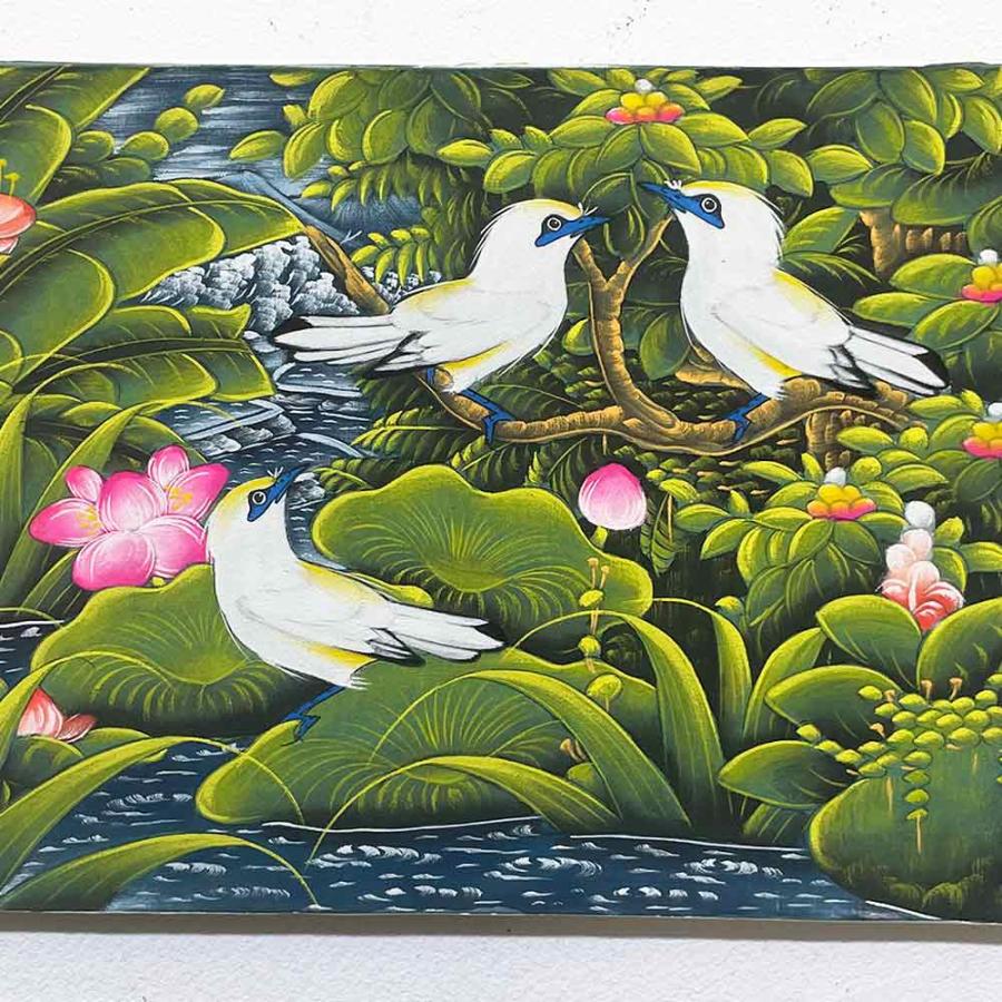 バリ絵画 鳥の絵 3羽 小鳥 白サギ W40×H30cm ブンゴセカン 癒し 花鳥