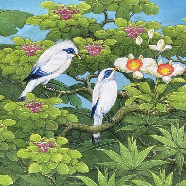 バリ絵画 ブンゴセカン 鳥の絵 鳥と花 W53×H43cm (1490) 花鳥風月 バリ