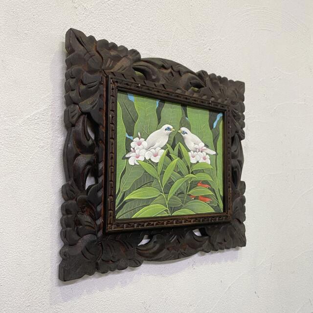 バリ絵画 鳥の絵 花と鳥 白い鳥 W38×H33cm 額付 ブンゴセカン 花鳥風月