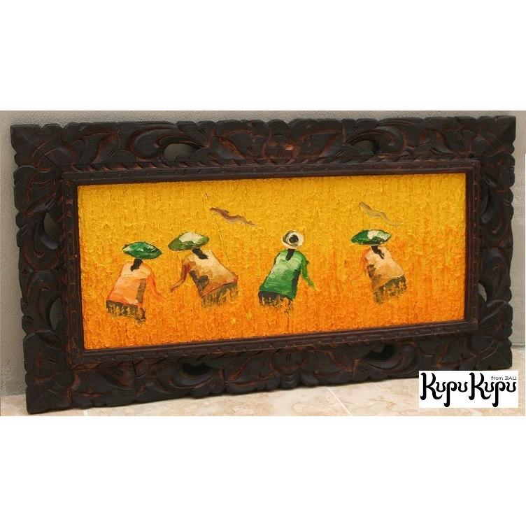 バリ絵画 稲刈り 風景画 W63cm×H33cm アジアン アート バリ ウブド