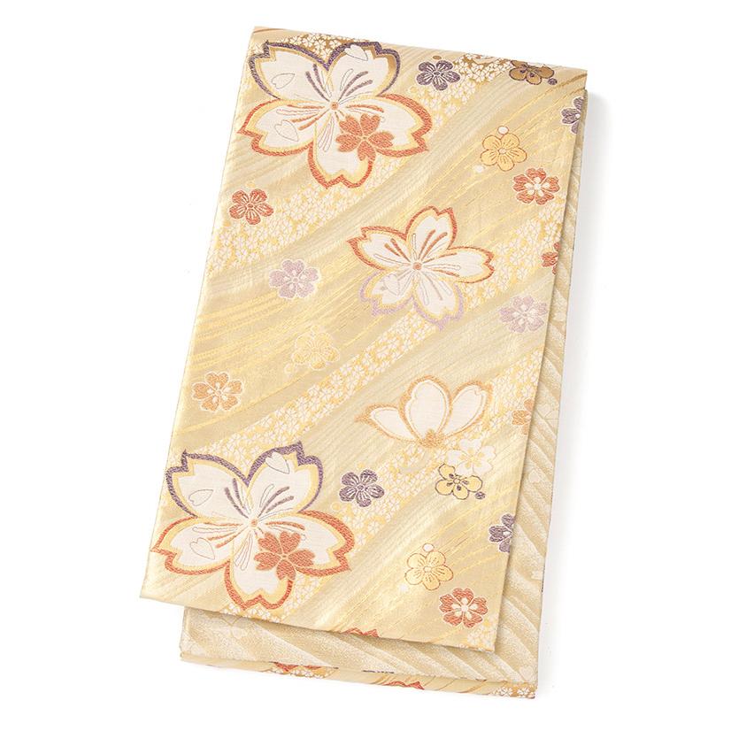 袋帯 振袖用 仕立て上り 正絹 六通 金 桜と流水 芯なし 435cm : 京の