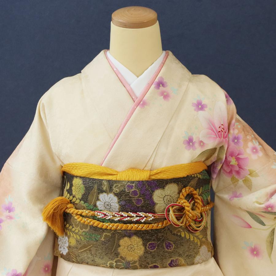 振袖 中古 フルセット 販売 正絹 成人式 クリーム 百合 オレンジ 美品