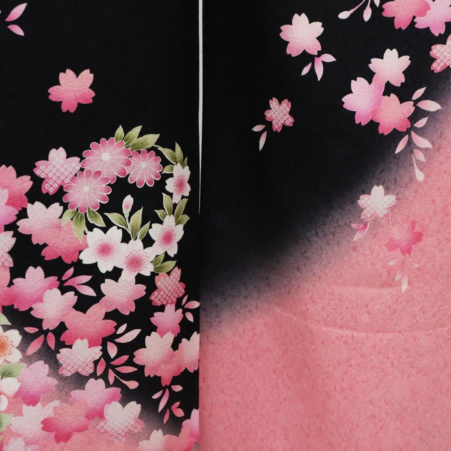振袖 中古 フルセット 正絹 一式 成人式 着物 格安 美品 黒 ピンク 桜