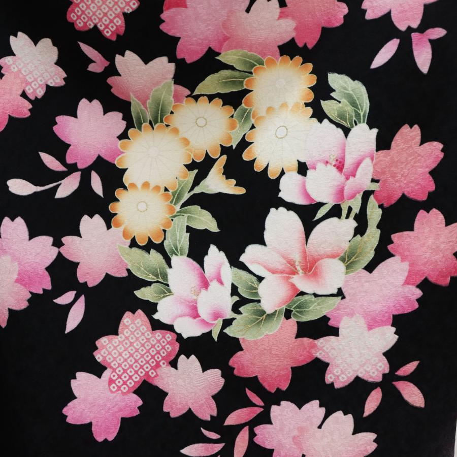 振袖 中古 フルセット 正絹 一式 成人式 着物 格安 美品 黒 ピンク 桜