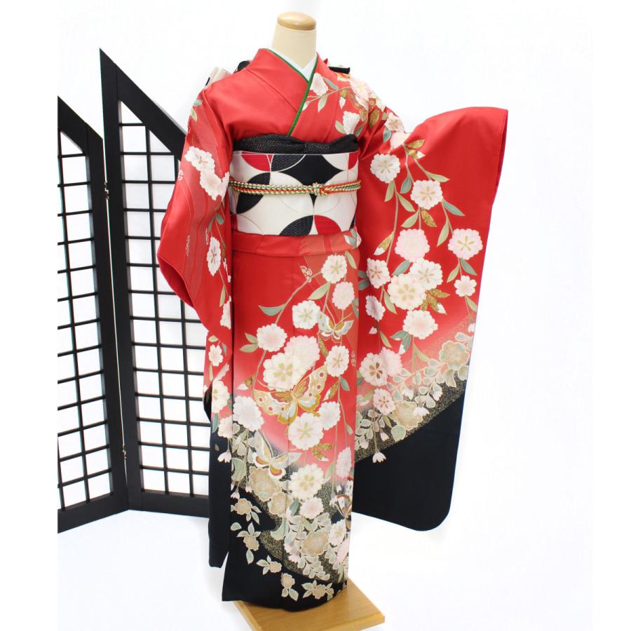 美おり】FR52157 振袖 正絹 振袖フルセット 7点セット 成人式 赤✖️黒