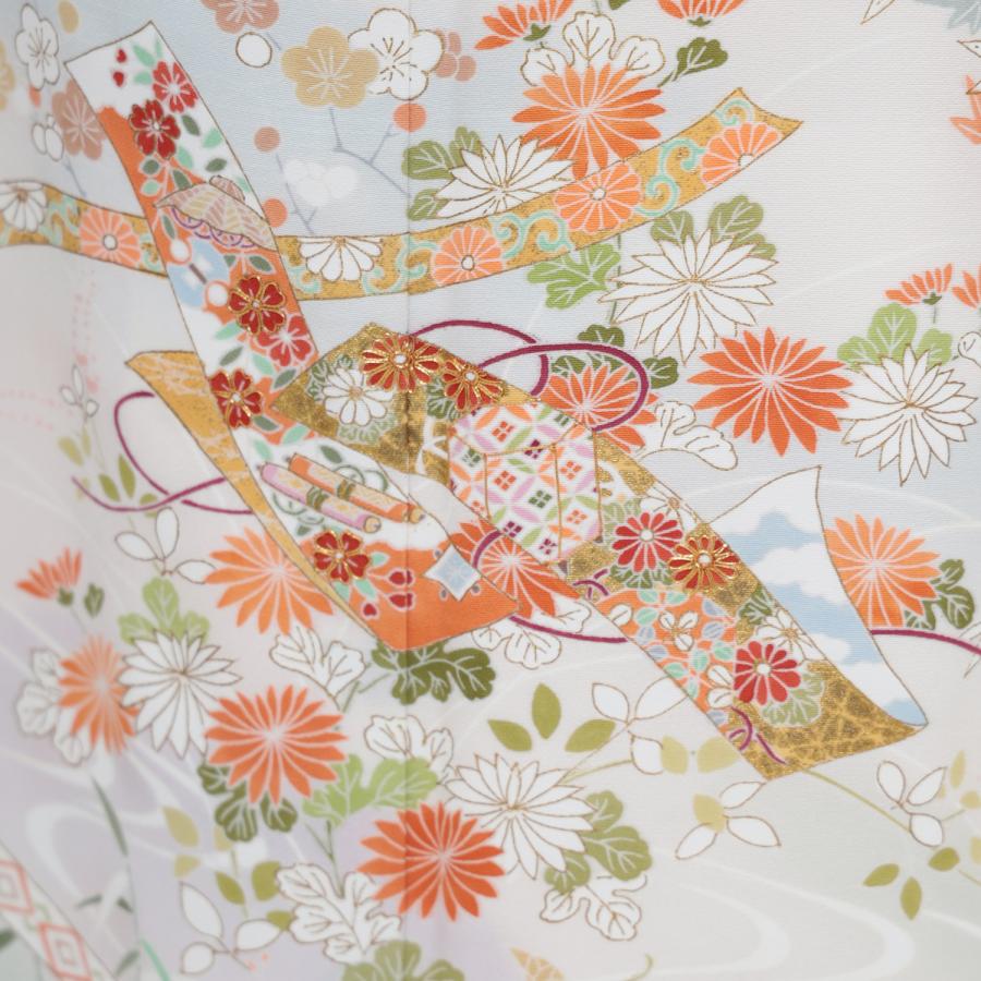 訪問着 レンタル 正絹 京友禅 白 うすピンク 熨斗 草花 流水 着物