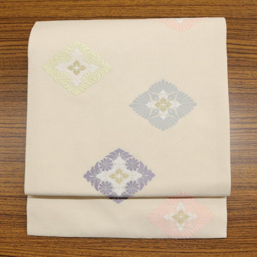 名古屋帯 オフホワイト 生成り色 花菱 仕立て済 仕立て上がり 正絹