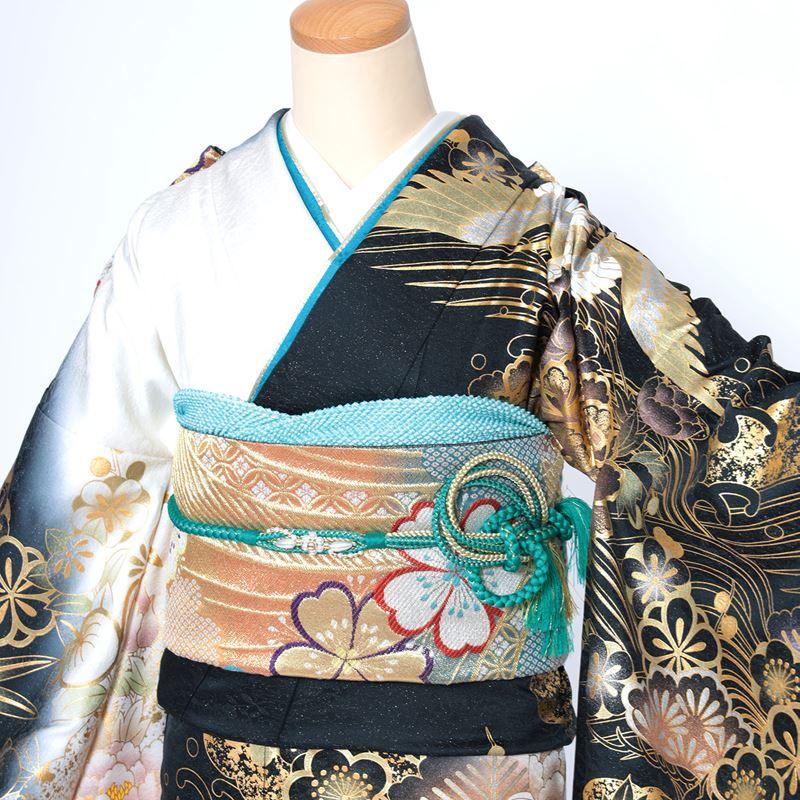 振袖レンタル 成人式 フルセット 1月 振袖 レンタル 黒 ブラック 金 鶴