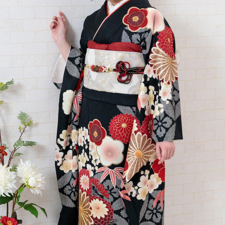 振袖レンタル 成人式 振袖 フルセット 1月 黒 古典 松竹梅に菊 あの