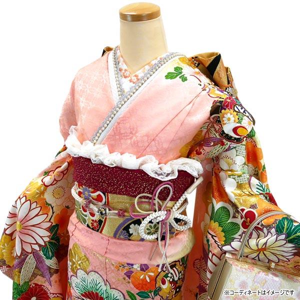 セール】仕立て付き 正絹振袖単品 ピンク 古典柄 御所車 絹100% f-542