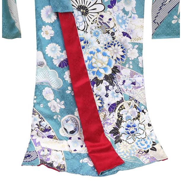 仕立て付き 正絹古典柄振袖フルセット f-640 ターコイズブルー 露草色