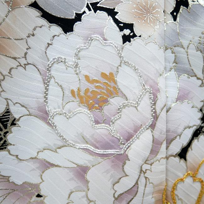 仕立て付 正絹振袖 単品 花 桜 f-171-t 黒 丹後ちりめん 刺繍 新品購入