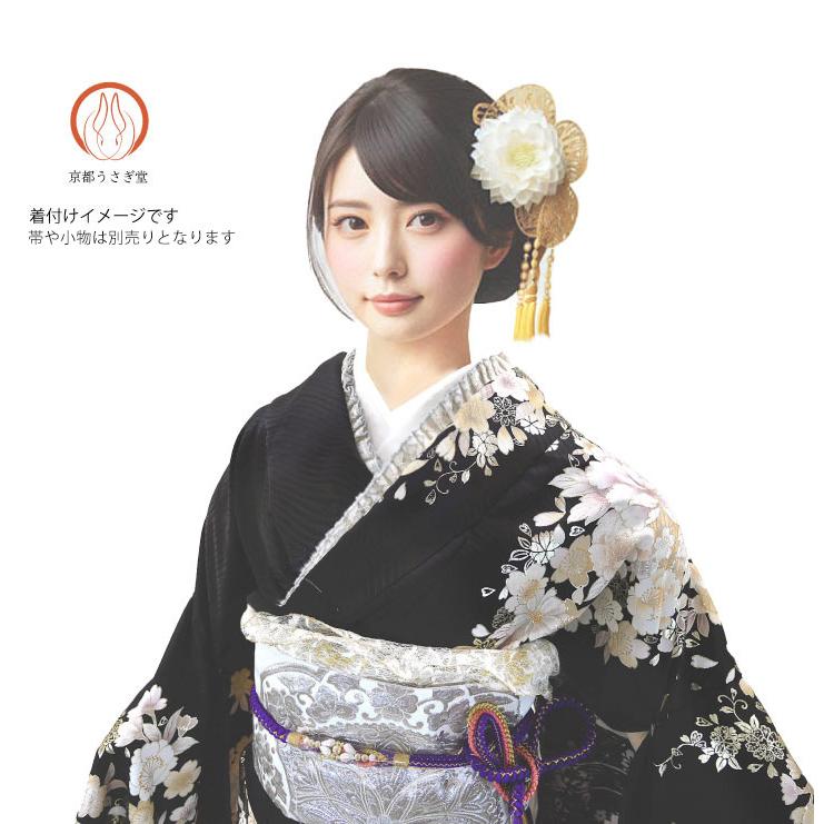 仕立て付 正絹振袖 単品 花 桜 f-171-t 黒 丹後ちりめん 刺繍 新品購入