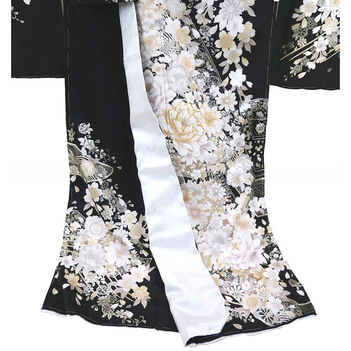 仕立て付 正絹振袖 単品 花 桜 f-171-t 黒 丹後ちりめん 刺繍 新品購入