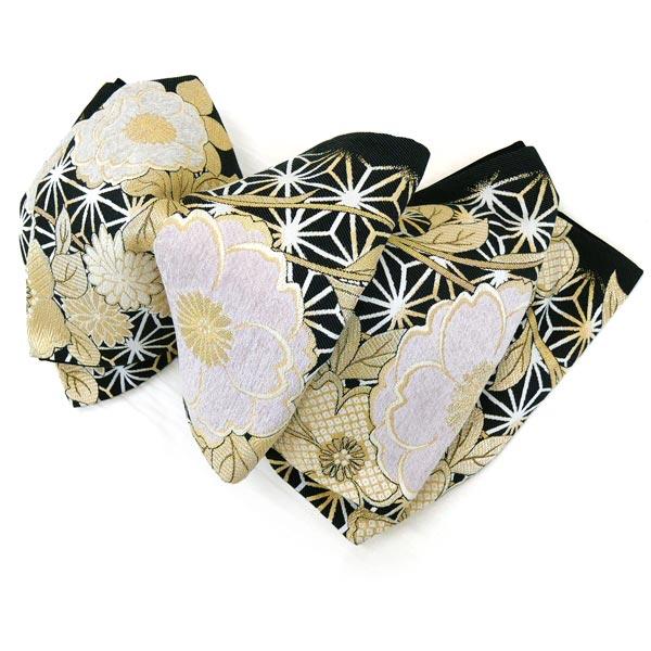 袋帯 西陣織 仕立て付 成人式 振袖 fo-048 黒 ブラック 金 ゴールド