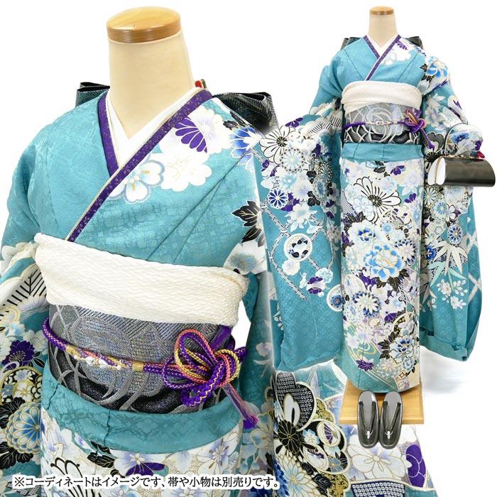 仕立て付き 正絹 振袖 古典柄 ターコイズブルー 霞草色 f-640-t 新品