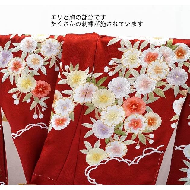 特選品 手刺繍振袖 仕立付き 四季花文 赤色 f-784 尾峨佐染繍 古典柄