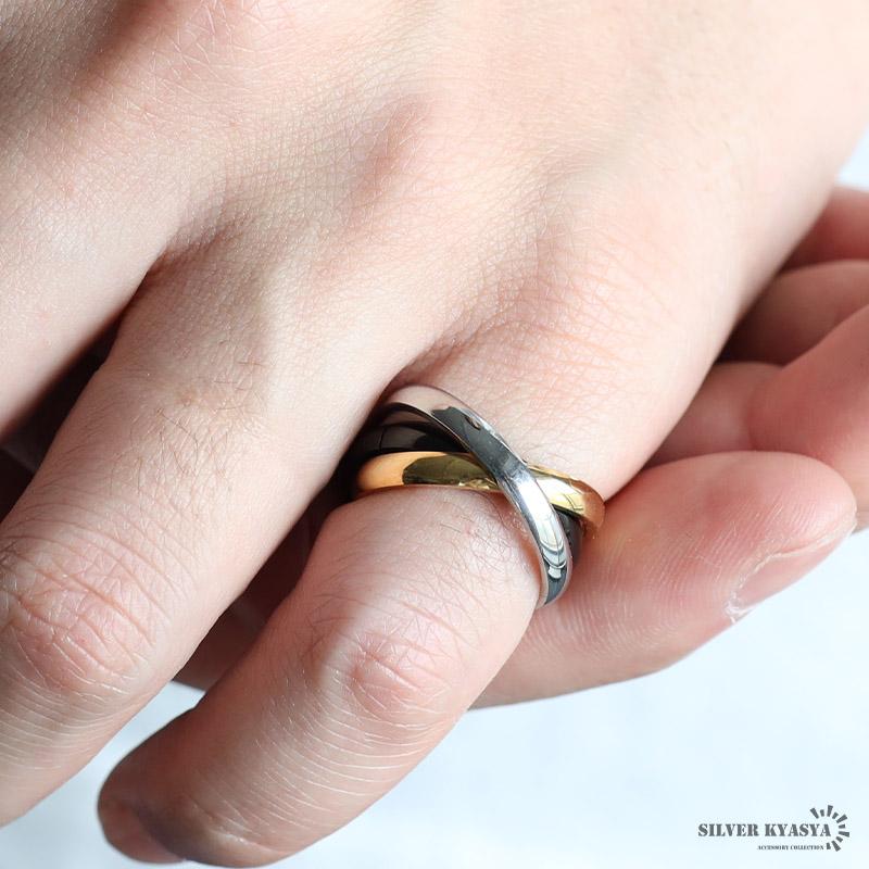 ステンレス 三連リング ブラック トリニティリング 黒 ゴールド