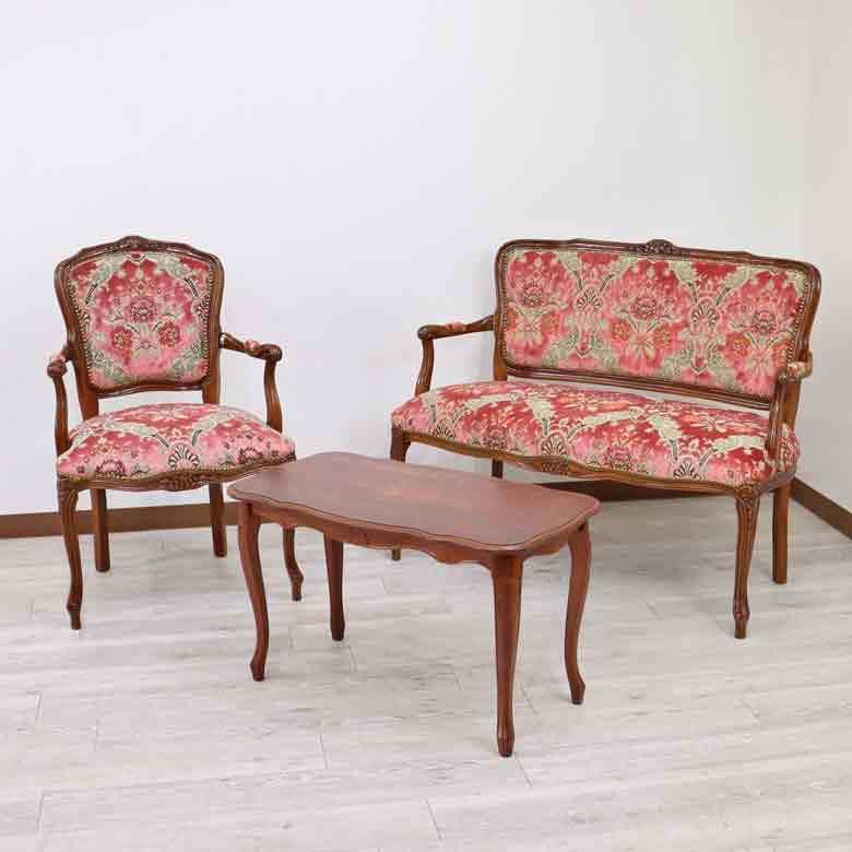 イタリア 二人がけ ソファ 木製 ピンク・金華山 完成品 猫脚