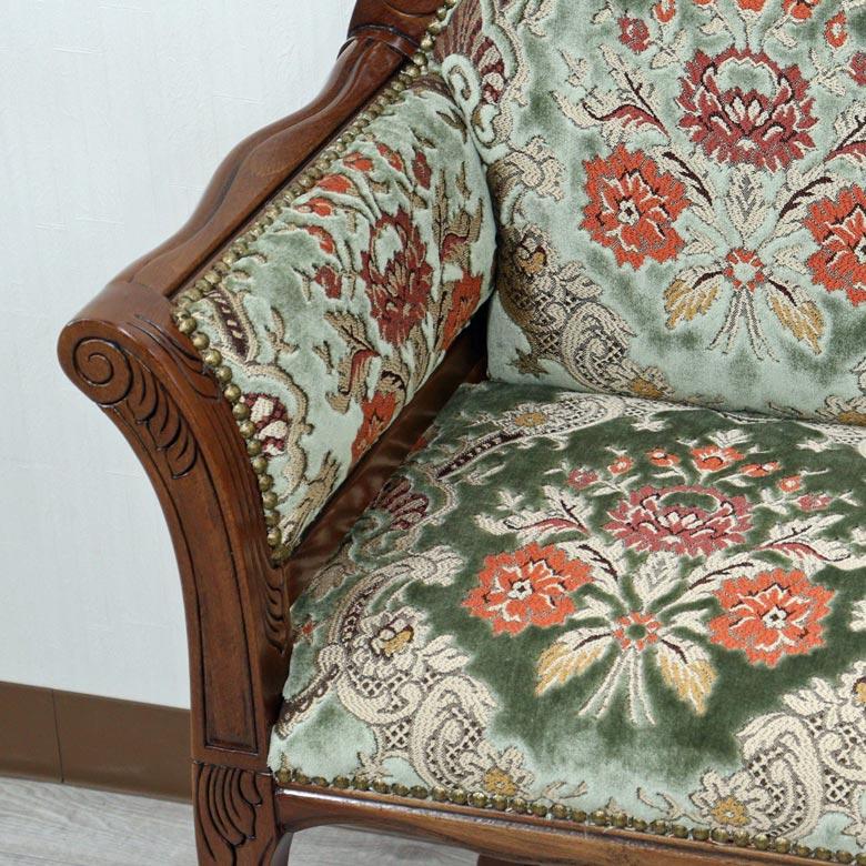 イタリア テレフォンベンチ ソファ 木製 グリーン・金華山 完成品 猫脚