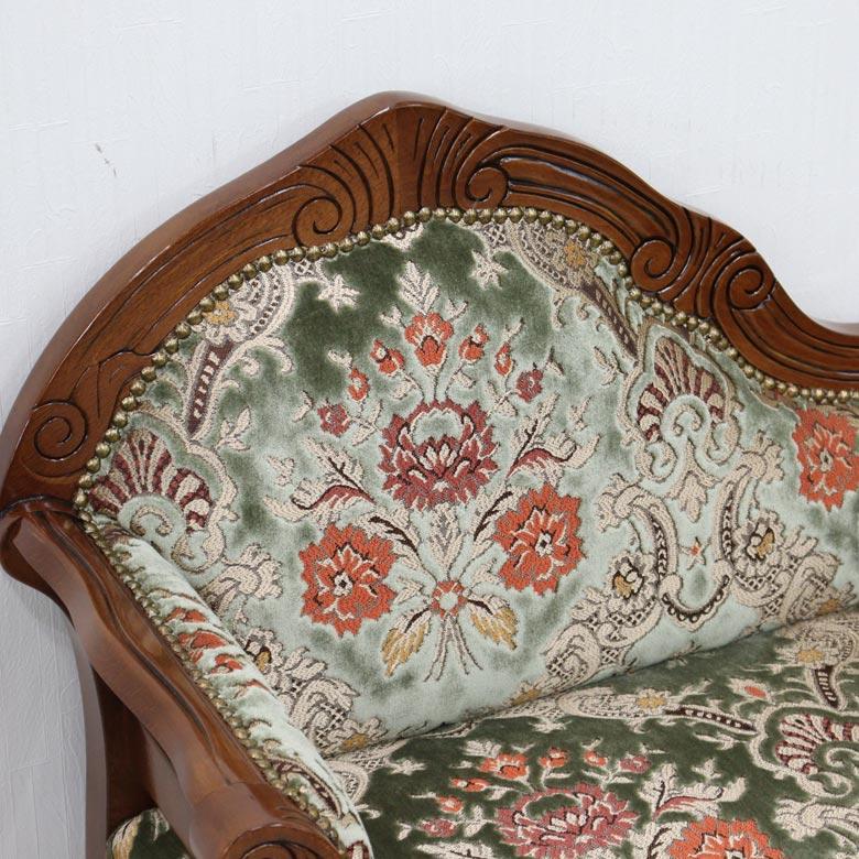 イタリア テレフォンベンチ ソファ 木製 グリーン・金華山 完成品 猫脚