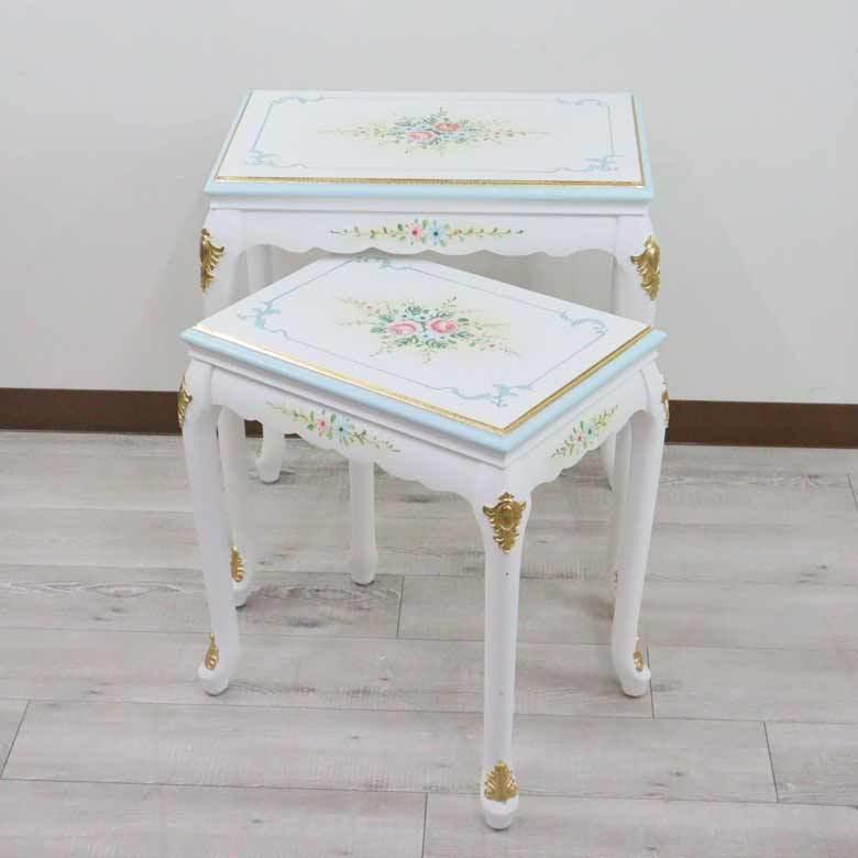 ロココ ネストテーブル 猫脚 サイドテーブル 白家具 ロココ調