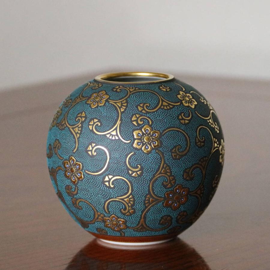 九谷焼 中田錦玉 仲田錦玉 錦玉造 盛金青粒画風 青粒鉄仙唐草 花器