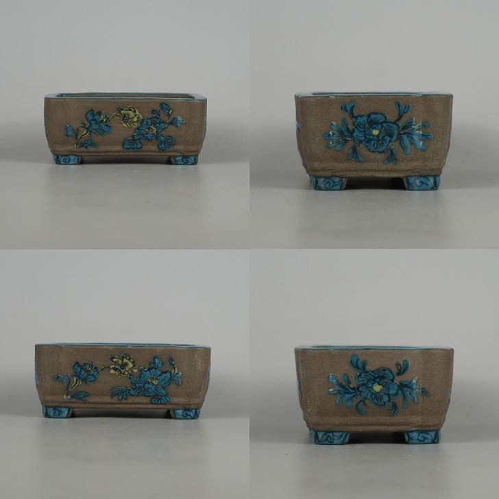 中古】盆栽鉢 陶翠園造 小型 長辺 約13cm 長方鉢 隅入 色絵 花 蝶 ハナ