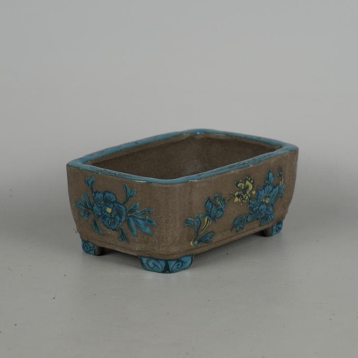 中古】盆栽鉢 陶翠園造 小型 長辺 約13cm 長方鉢 隅入 色絵 花 蝶 ハナ