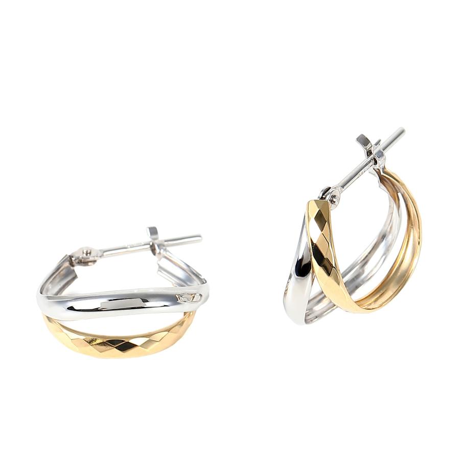 14金 フープピアス 両耳 デザイン ひねり ゴールド × ホワイトゴールド