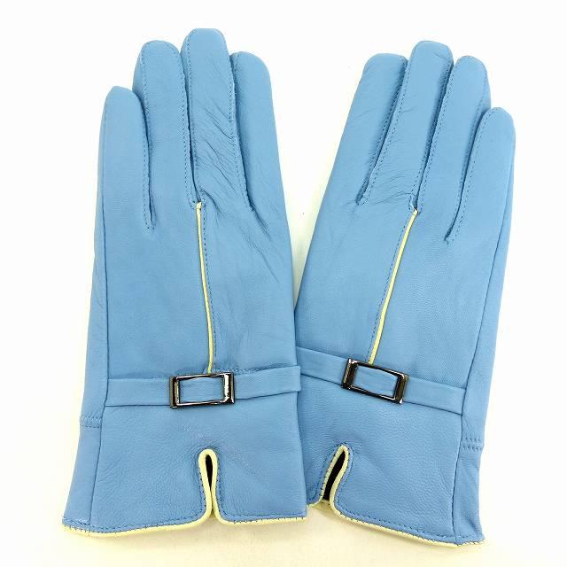 手袋 レディース レザー 羊革 裏起毛入り 白ライン 水色 本革 本皮