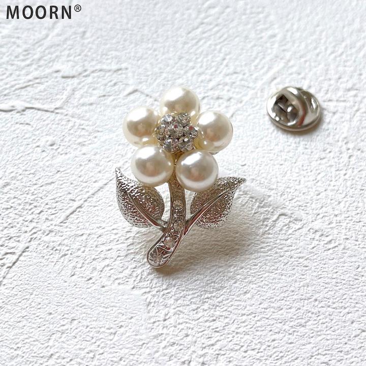 ブローチ レディース 花 パール ラインストーン 一輪 シルバー