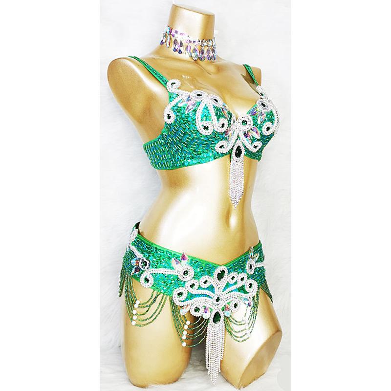 ベリーダンス 衣装 ブラ ベルト パール しずく 上下2点 セット 緑