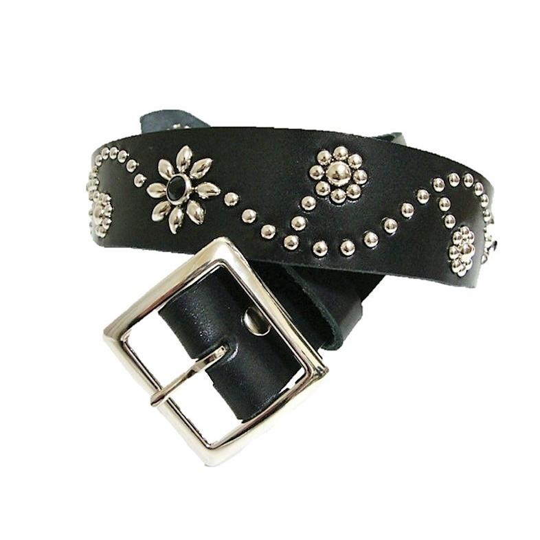 栃木レザー フラワー型 スタッズベルト 黒 ブラックスポッツ 日本製 一
