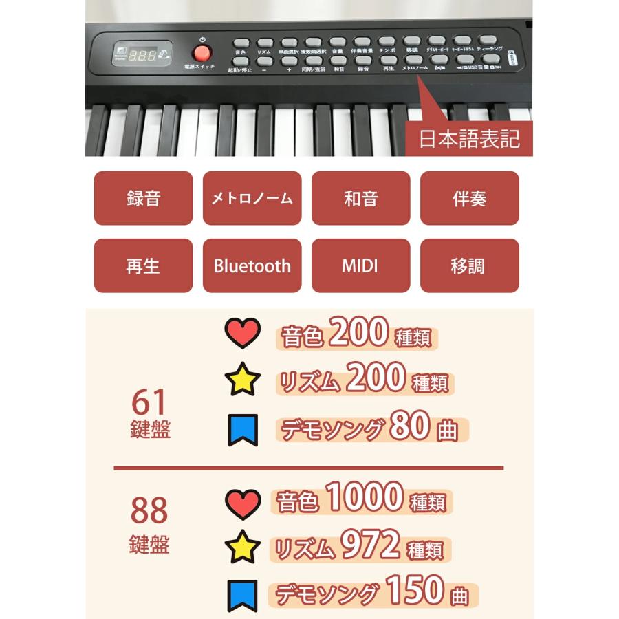 HZDMJ 折りたたみ電子ピアノ 電子キーボード 61鍵盤 88鍵盤 最大音色