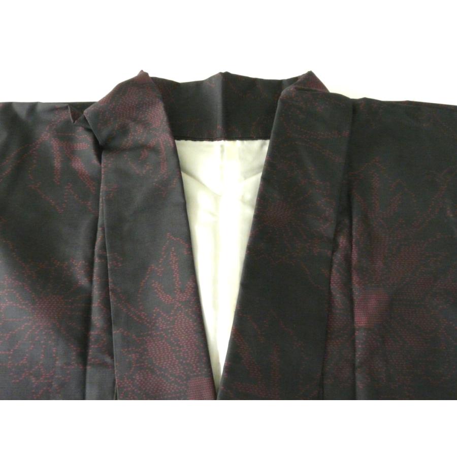 大島紬 仕立上り 黒赤 横双 華文様 バチ衿 着丈165.5cm 裄66cm 198