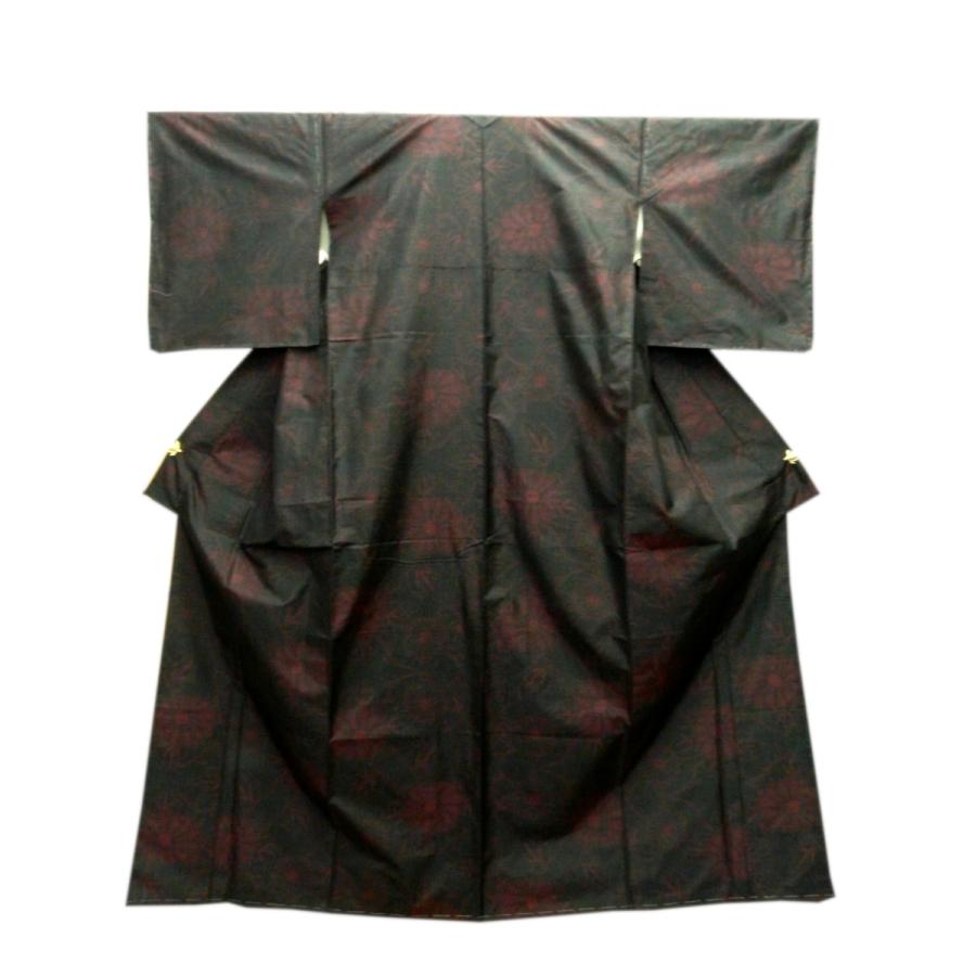 大島紬 仕立上り 黒赤 横双 華文様 バチ衿 着丈165.5cm 裄66cm 198