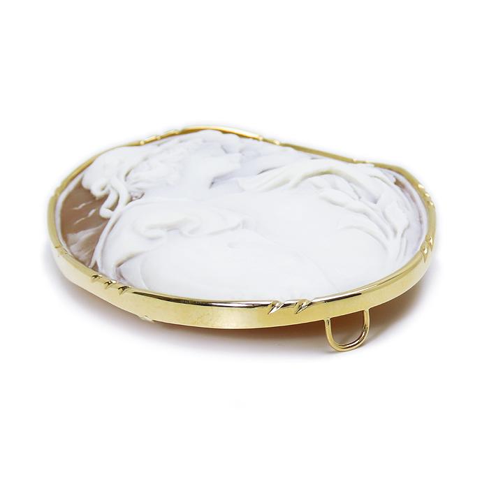 送料無料 K18 シェル カメオ 鑑別書付 約H75×W57mm 2人の女性 横顔 花