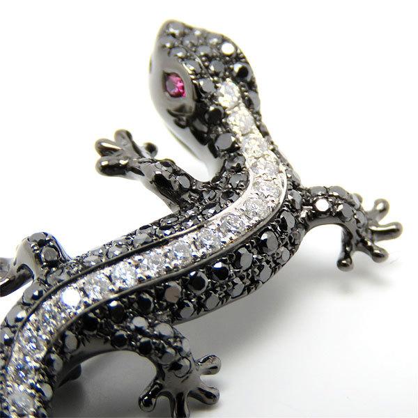 送料無料 K18 トカゲ ブローチ ペンダント トップ ブラック ダイヤ