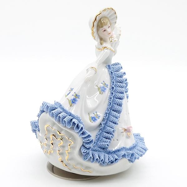 ニデックインスツルメンツ 陶器 レース 人形 オルゴール 花 ブルー 青